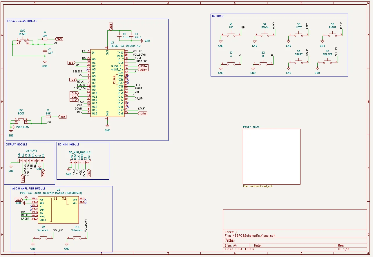 KiCad schematic — ESP32-S3, buttons, display and SD module